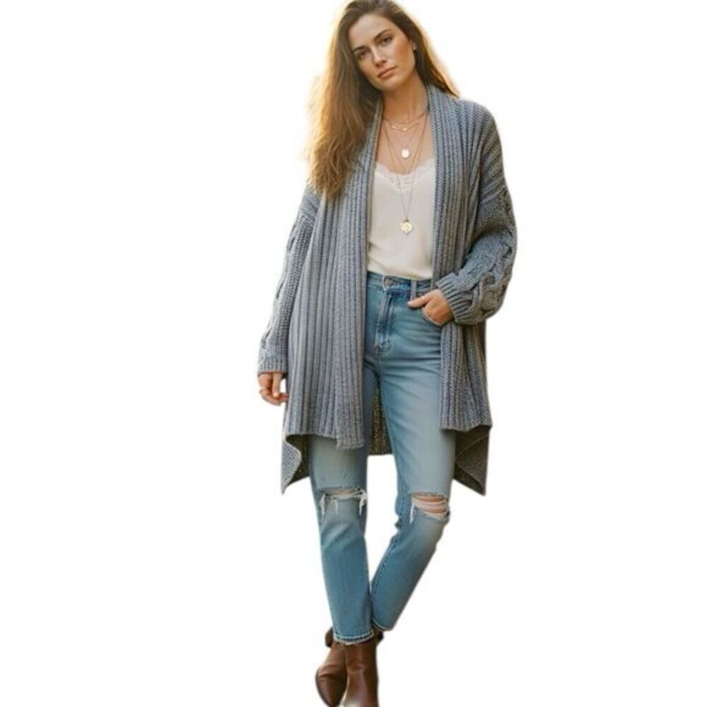 Kenar Womens Sz Medium Cardigan Sweater Open Front Gray High Low Alpaca Cozy